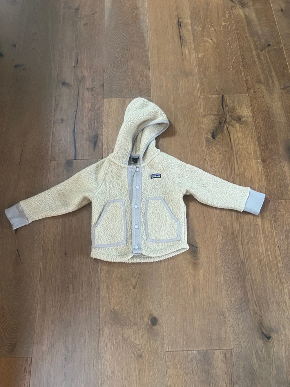 Patagonia Cream Sherpa Hooded Jacket with Light Gray Trim Size 3T